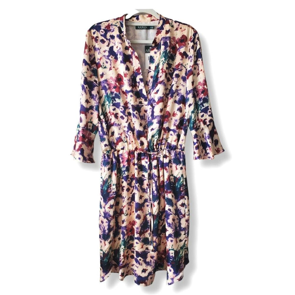 Ralph Lauren Colorful Cream Abstract Floral Dress 12 Artsy Feminine Flowy Career
